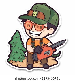 A forest lumberjack prunes tree branches. Woodworking and carpentry work. Cartoon vector illustration. label, sticker, t-shirt printing