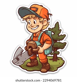 A forest lumberjack prunes tree branches. Woodworking and carpentry work. Cartoon vector illustration. label, sticker, t-shirt printing