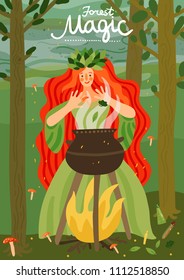 Forest magic fairy-tale children book cover title front page with red haired girl character vector illustration 