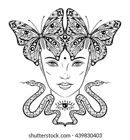 Forest magic girl with butterflies and snakes. Hand drawn illustration of a fairy  in boho style. Design for print, label, poster, emblem, tattoo, coloring book page. Spirituality, alchemy, occultism
