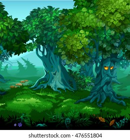 Forest of magic. Moving trees. Vector illustration.