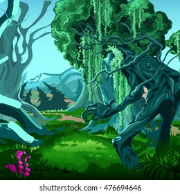 Forest of magic. Moving trees. Vector illustration.