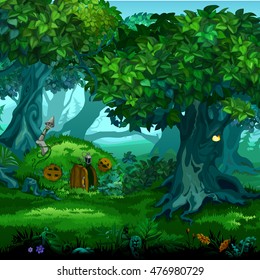 Forest of magic. Moving trees. Vector cartoon close-up illustration.