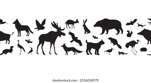 Forest mammals and birds. Vector black silhouette seamless border.