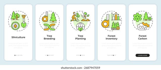 Gestión forestal incorporando pantalla de App móvil. Plantación de árboles. Instrucciones gráficas editables de 5 pasos con conceptos lineales. UI, UX, GUI