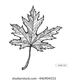 Forest maple leaf isolated. Vector illustration. Black and white. Bohemia concept for invitation card, ticket, branding, logo, label. Coloring book page for adult. Line art
