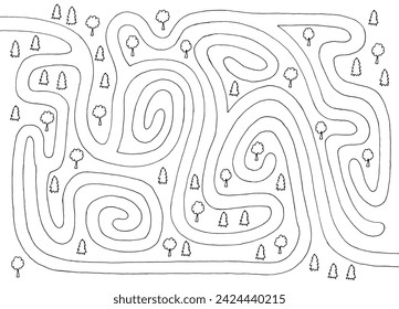 Forest maze graphic black white sketch illustration vector 