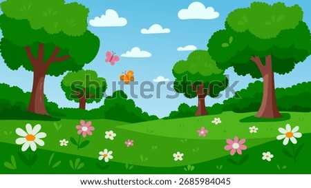 Forest  and meadow landscape with trees, flowers and grass in cartoon style. Vector illustration.