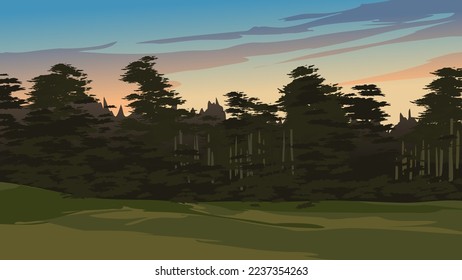 Forest and meadow at sunset landscape illustration. Vector scenery illustration