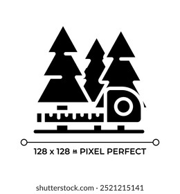 Forest measurement black glyph icon. Forestry solutions. Tree growth monitoring. Forest management. Arboriculture. Silhouette symbol on white space. Solid pictogram. Vector isolated illustration