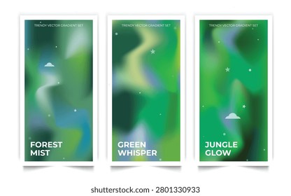 Forest Mist Or Jungle Glow Trendy Vector Gradient Set Featuring Lush Green And Natural Fluid Colours Ideal For Minimalist Digital Backgrounds And Web Projects