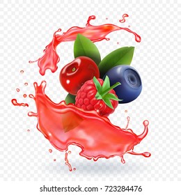 Forest Mixed berries juice Splash. 3d realistic vector