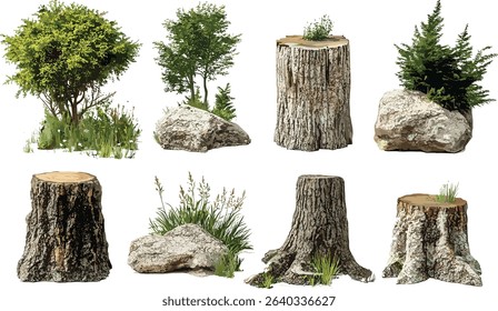 Forest montage set, vector cutout pack, stump, wood, shrubs, rocks, nature illustration, forest background, landscape design, trees, outdoor scenery, environment graphics