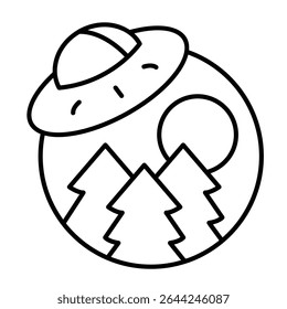 Forest and moon with alien ship thin line icon, cosmos concept. Vector graphics. Alien spaceship landing, UFO plate sign on white background, style mobile or design