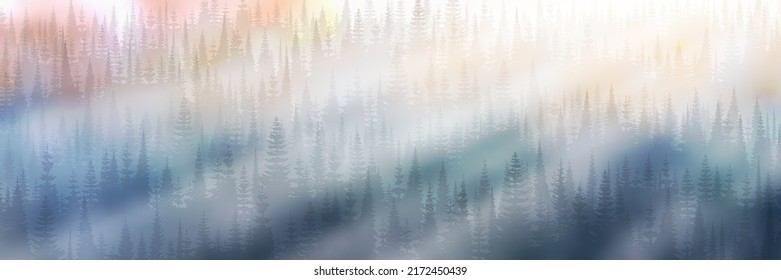 Forest in the morning fog, sun rays, panoramic view
