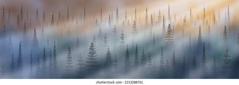 Forest in the morning fog, sun rays, vector illustration