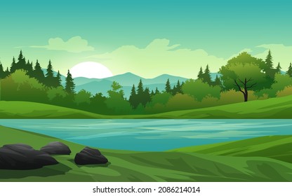 Forest morning landscape with lake