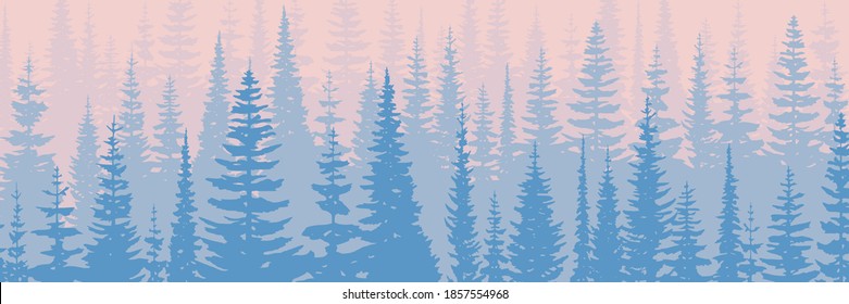 Forest in the morning light, sunrise. Vector banner.