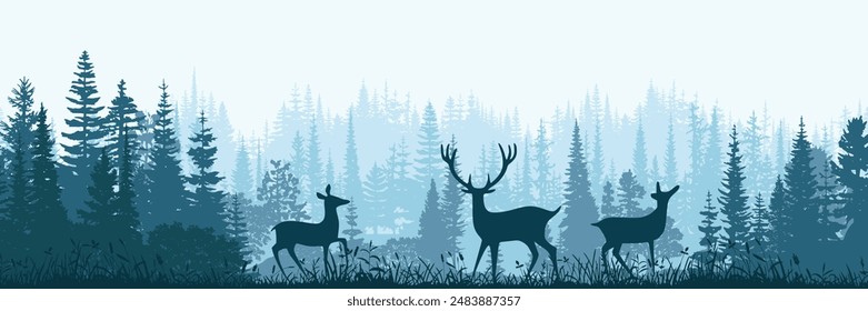 Forest in the morning mist, deer in the forest, panoramic view, vector illustration