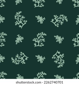 Forest moss seamless pattern. Dark green and blue mosses and lichens repeat background. Forest botany surface pattern design, wallpaper, textile, print, texture. Hand drawn plants vector illustration.