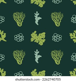 Forest moss seamless pattern. Dark green and blue mosses and lichens repeat background. Forest botany surface pattern design, wallpaper, textile, print, texture. Hand drawn plants vector illustration.