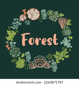 Forest mosses, lichen wreath card. FLoral plants in circle frame isolated element. Green nature fungus, stump, leaves round border. Cute organic wood print. Vector garden botanical illustration.