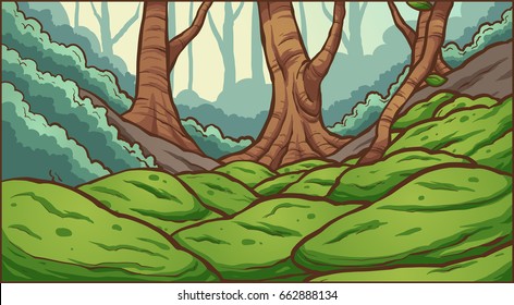 Forest with mossy rocks background. Vector clip art illustration with simple gradients. Some elements on separate layers.