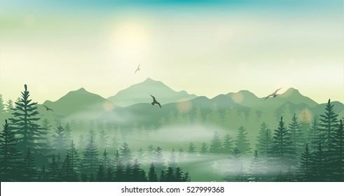 Forest and mount, vector art background.