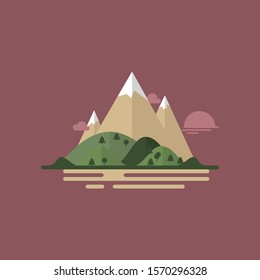 Forest, Mountain Adventure, Vector illustration of a mountain peak, Green silhouette nature landscape with forest and mountains abstract background