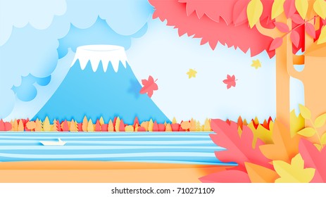 The forest and mountain with beautiful landscape in autumn background vector illustration