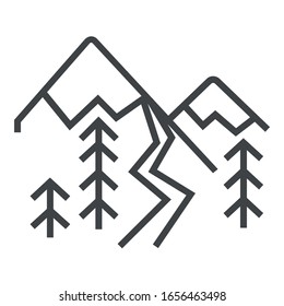 forest mountain black line icon on white background	