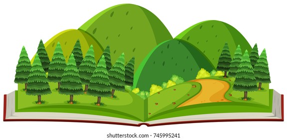 Bosque y montaña en la ilustración del libro