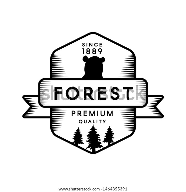 フォレストマウンテンキャンプの幾何学的なアートのロゴデザイン 白黒のアイコン 自然の風景の木のシルエット 探検 隊スカウトクラブのグラフィックラベルテンプレート 平らなカートーンのベクターイラスト のベクター画像素材 ロイヤリティフリー