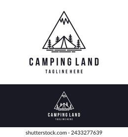 Forest Mountain Camping Logo Linie Kunst Sommer Camping Vektor-Illustration mit Zelt und Kiefern 