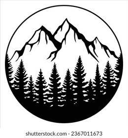 Forest and Mountain in a Circle, Pine Trees and Hills, Hand Drawn Vector Illustration