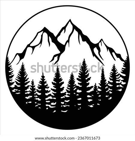 Forest and Mountain in a Circle, Pine Trees and Hills, Hand Drawn Vector Illustration