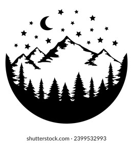 Forest and Mountain in a Circle under the Stars and Moon, Hand Drawn Vector Illustration