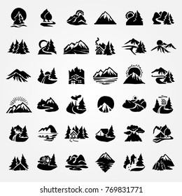 Forest And Mountain Icon. Vector Hand Drawn Set