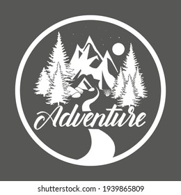 
forest mountain illustration and adventure lettering