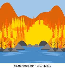Forest with Mountain and Lake for Autumn Background Flat Illustration