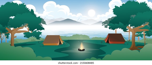 Forest And Mountain Landscape Camping Near Lakes And Mountains Cartoons With Camping Spots, Outdoor Recreation, In The Middle Of The Forest.
