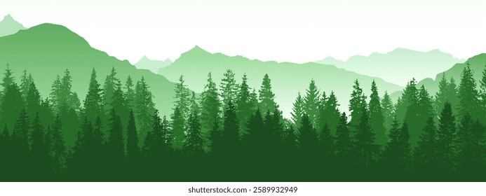 Forest and mountain landscape, green vector silhouette