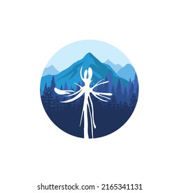 forest and mountain landscape logo with religious symbols