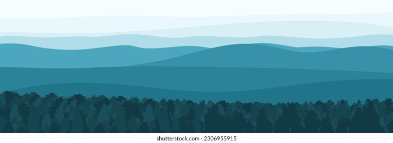 Forest and mountain landscape. Panoramic blue mountain background. Horizontal minimal landscape. Vector illustration