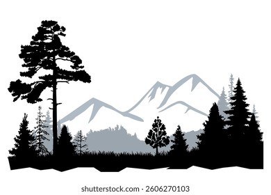 Forest and mountain landscape, pine tree silhouettes. Vector illustration.