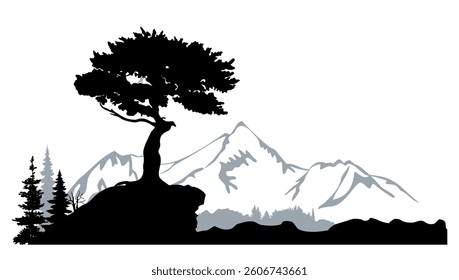 Forest and mountain landscape, pine tree silhouettes. Vector illustration.	
