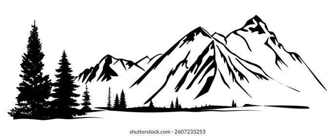 Forest and mountain landscape, pine tree silhouettes. Vector illustration.	
