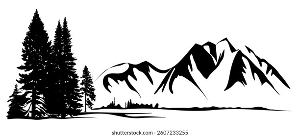 Forest and mountain landscape, pine tree silhouettes. Vector illustration.	
