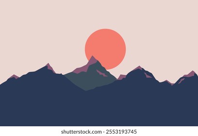 Forest and mountain landscape at sunset illustration