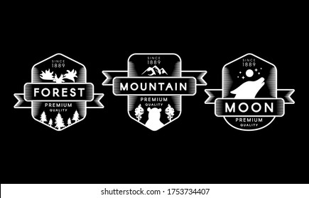 Forest, Mountain and Moon Collection Set Logo. Different Trademark Premium Quality on Black Background. Wolf, Bear and Moos Animal Silhouettes on Logotype Template Vector Flat Illustrations